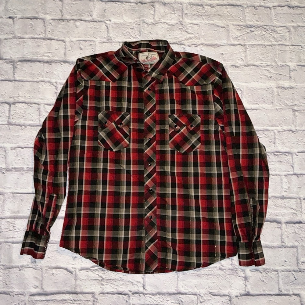 Wrangler Shirt Adult Large Red Black Pearl Snap Button Up Long Sleeve Mens